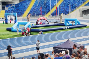 Inflatable football field and goals at the Silesian Stadium in Chorzów